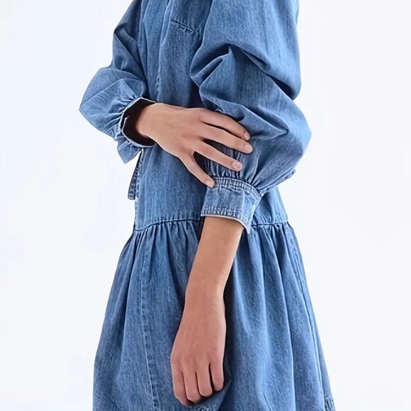 Lantern Sleeve Waist Tie Denim Dress - Picture 6 of 6